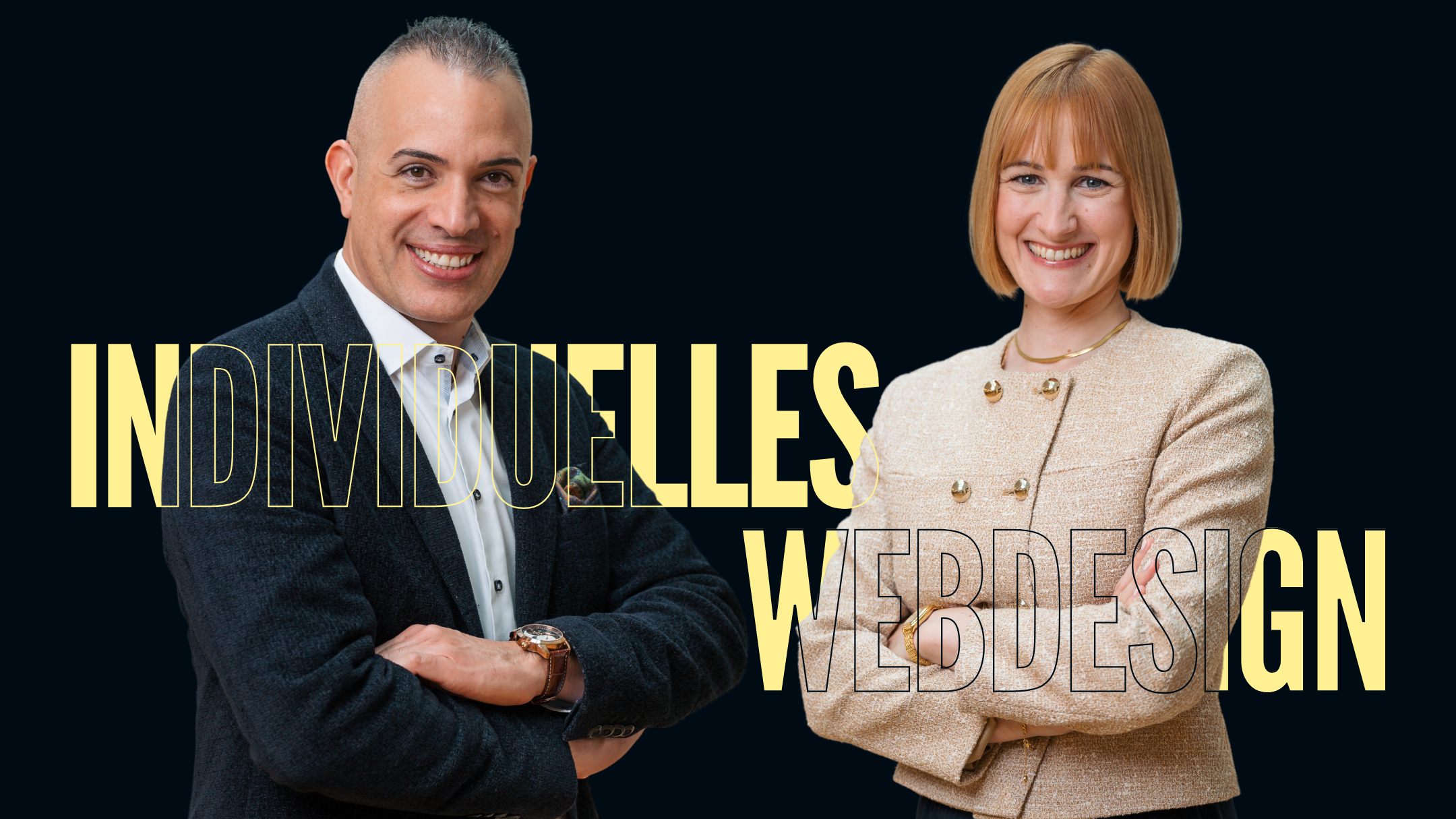 Erick sanchez und Melanie Marti von der Webdesign Agentur Individuelles Webdesign stehen im weissen Blazer und schwarzem Anzug im Kowerk in Dietlikon